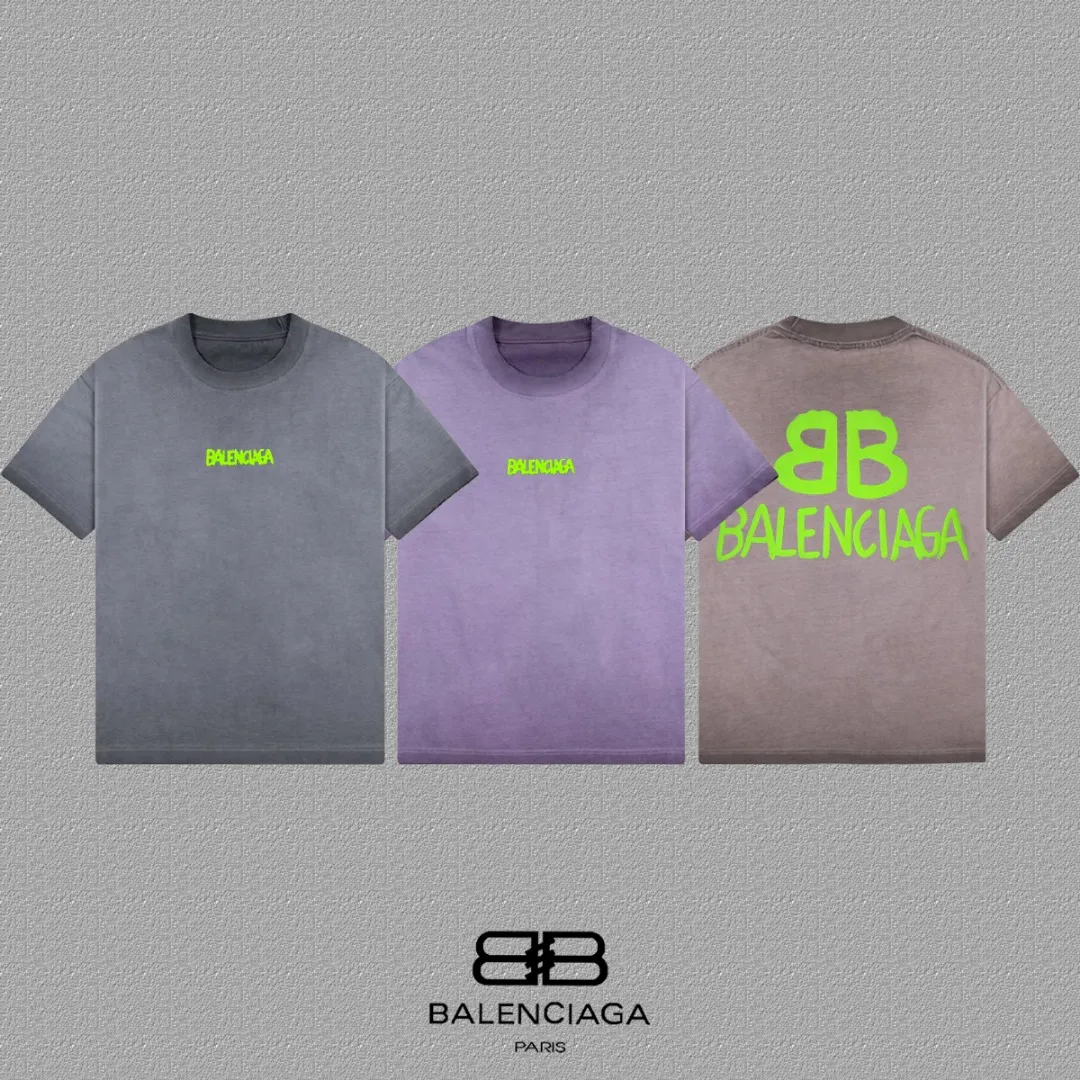 P90✨🔥 [balenciaga] 2026FW Paris luminous foam letter short-sleeved T-shirt Premium 26s double yarn 300g fabric, washed with water spray, aged and frayed, color: washed brown, washed Purple, washed Gray Size: S M L XL 2XL